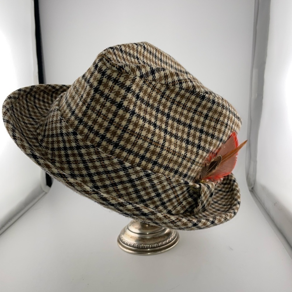 Pendleton Men's Size 7 1/4 Fedora Hat Cap houndstooth Pure Virgin Wool Feather   - Picture 2 of 8